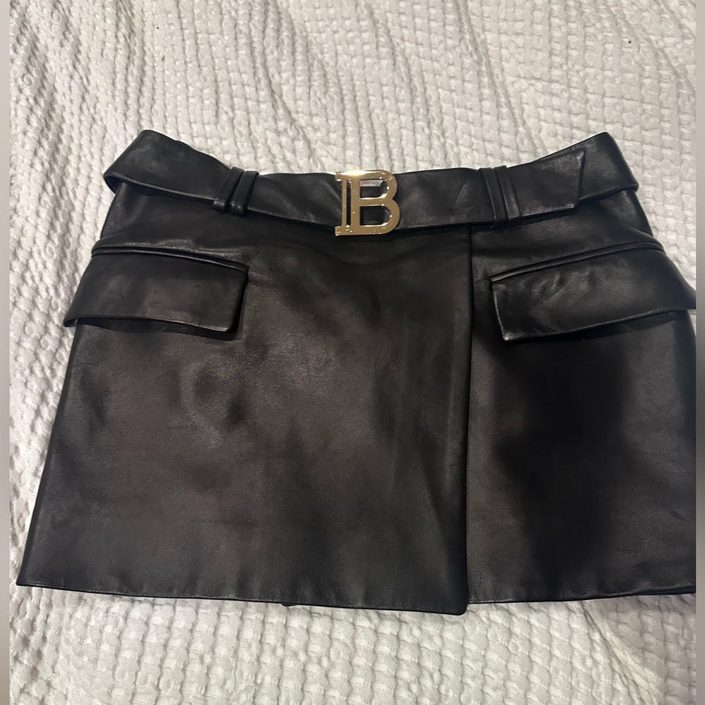 Balmain Black leather skirt